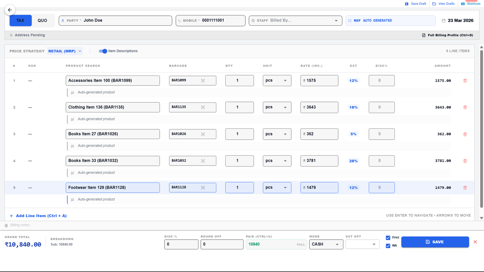 Touch Friendly POS Interface showing item grid and cart